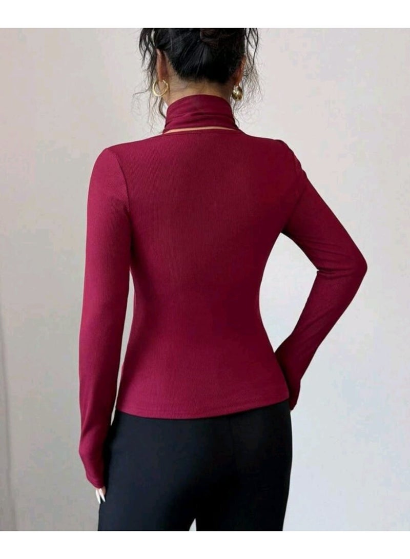 SHEIN Women's Burgundy Ribbed Texture Long Sleeve Fitted Casual BLOUSE Autumn/Winter - Image 2